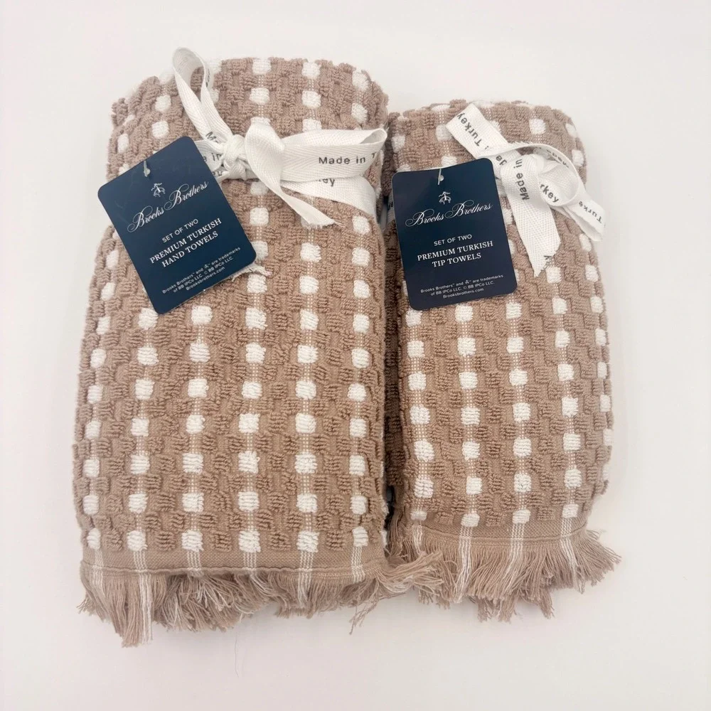 Brooks Brothers 4pc‎ Premium Turkish Towel Set 2 Hand 2 Tip Towels Tan White NEW